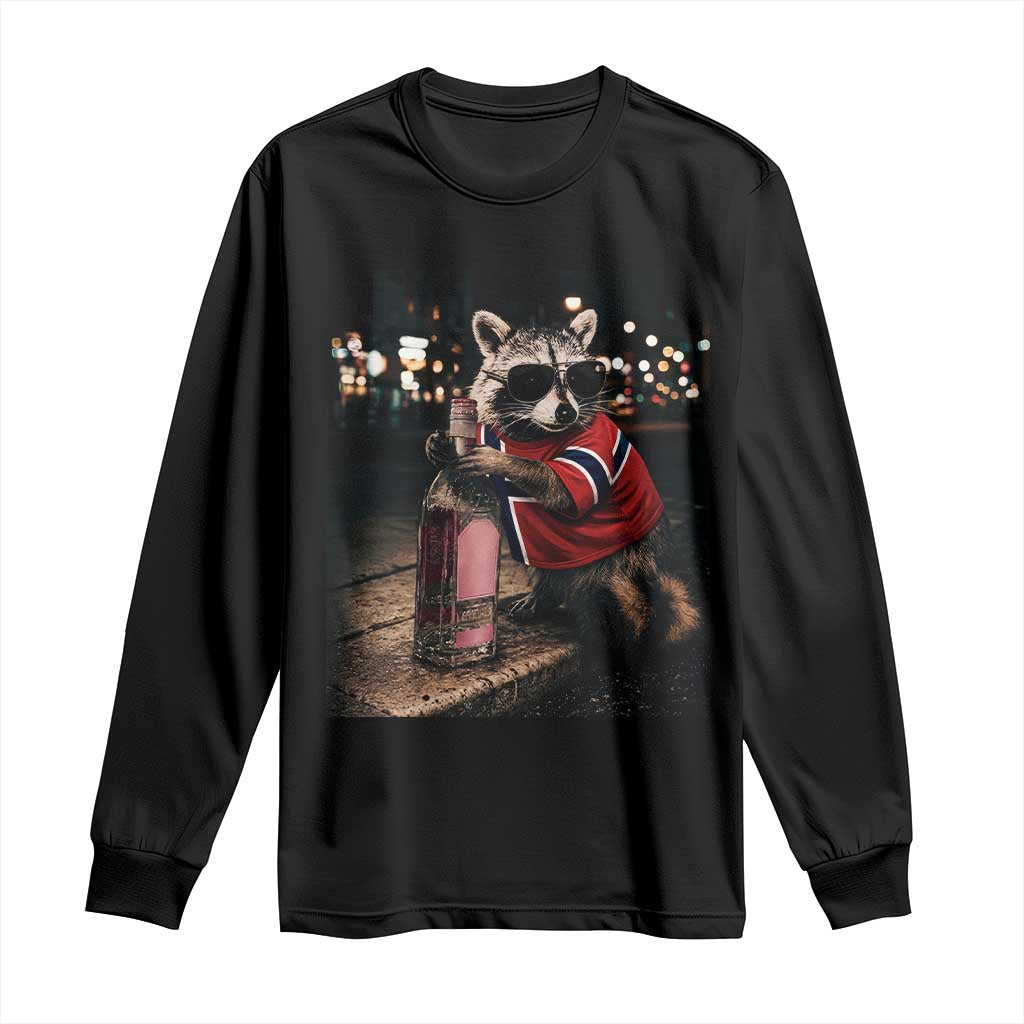 Funny Raccoon Whiskey Sunglasses Norwegian Flag Long Sleeve Shirt Viral Trash Panda Football Texas Souvenir Meme