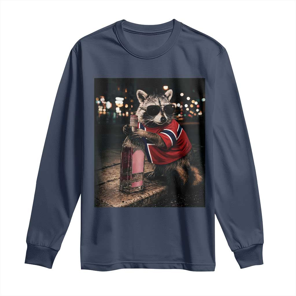 Funny Raccoon Whiskey Sunglasses Norwegian Flag Long Sleeve Shirt Viral Trash Panda Football Texas Souvenir Meme