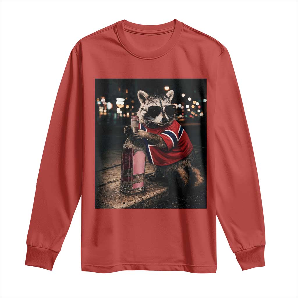 Funny Raccoon Whiskey Sunglasses Norwegian Flag Long Sleeve Shirt Viral Trash Panda Football Texas Souvenir Meme