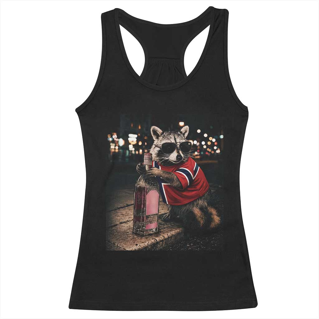 Funny Raccoon Whiskey Sunglasses Norwegian Flag Racerback Tank Top Viral Trash Panda Football Texas Souvenir Meme