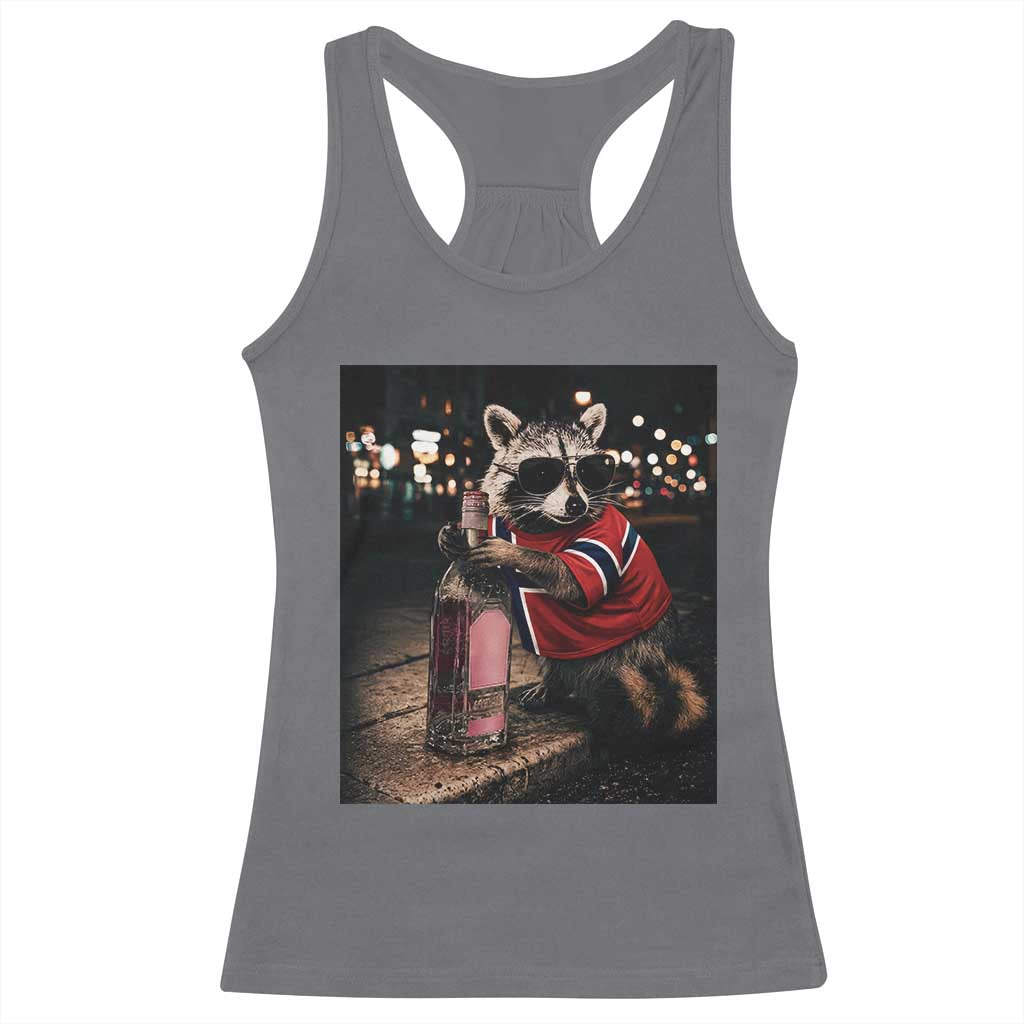 Funny Raccoon Whiskey Sunglasses Norwegian Flag Racerback Tank Top Viral Trash Panda Football Texas Souvenir Meme