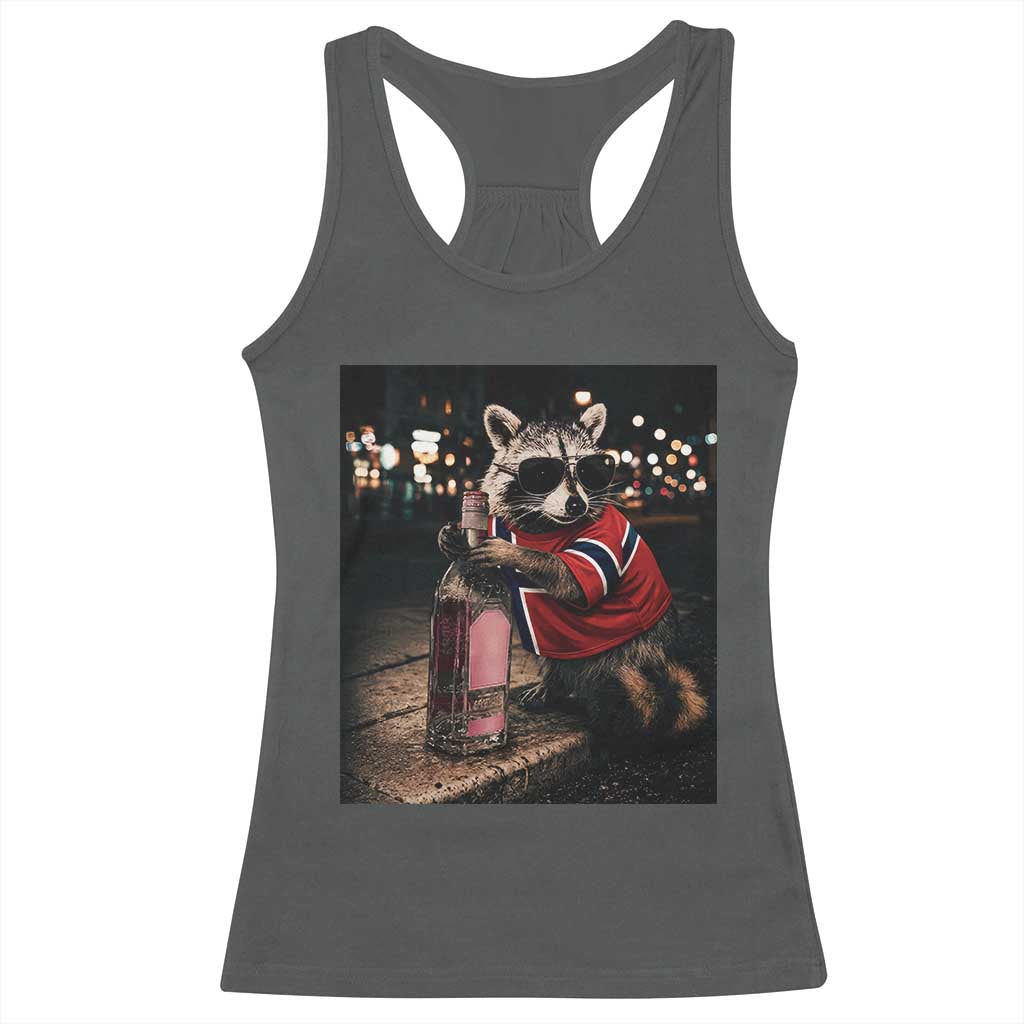 Funny Raccoon Whiskey Sunglasses Norwegian Flag Racerback Tank Top Viral Trash Panda Football Texas Souvenir Meme