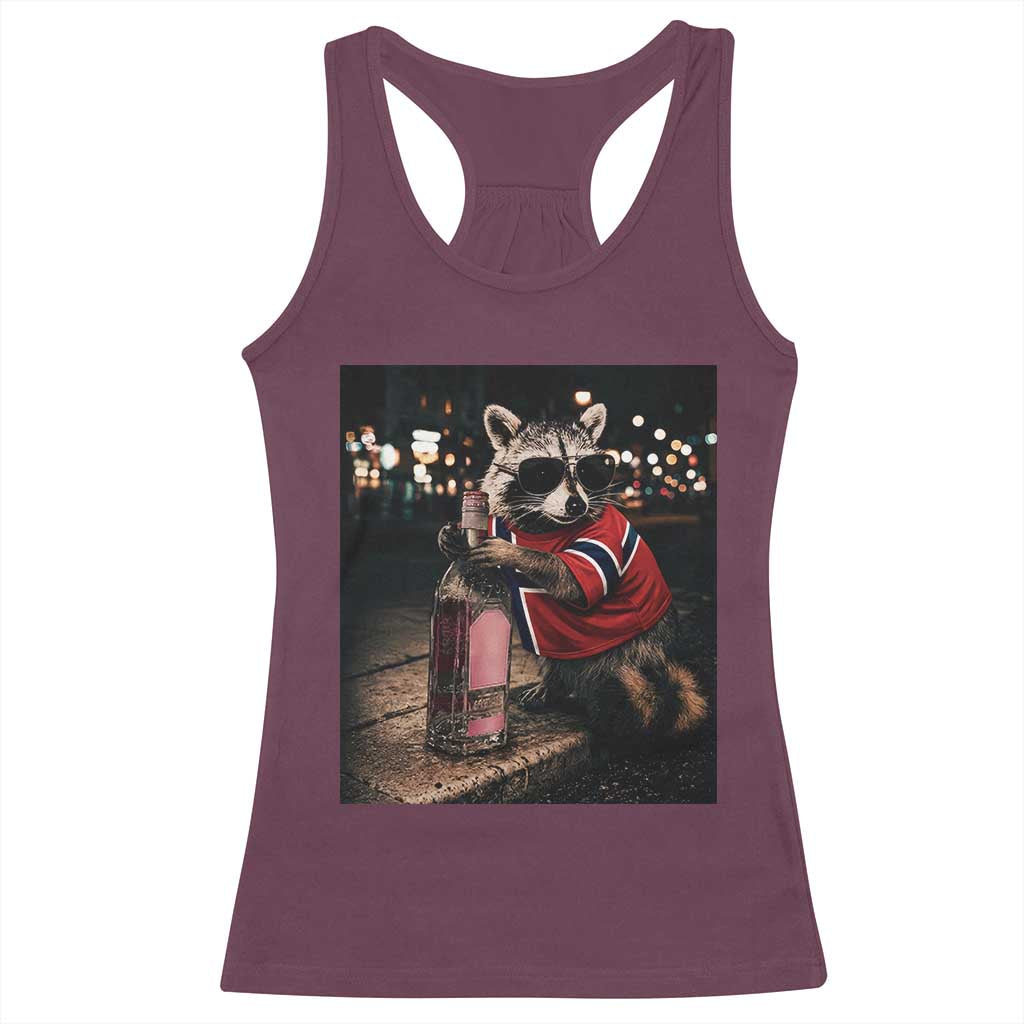 Funny Raccoon Whiskey Sunglasses Norwegian Flag Racerback Tank Top Viral Trash Panda Football Texas Souvenir Meme