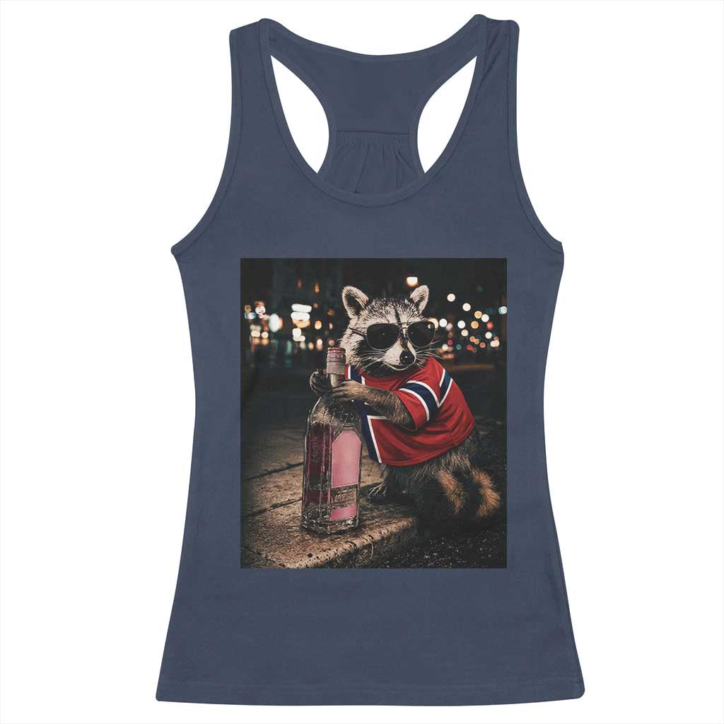 Funny Raccoon Whiskey Sunglasses Norwegian Flag Racerback Tank Top Viral Trash Panda Football Texas Souvenir Meme