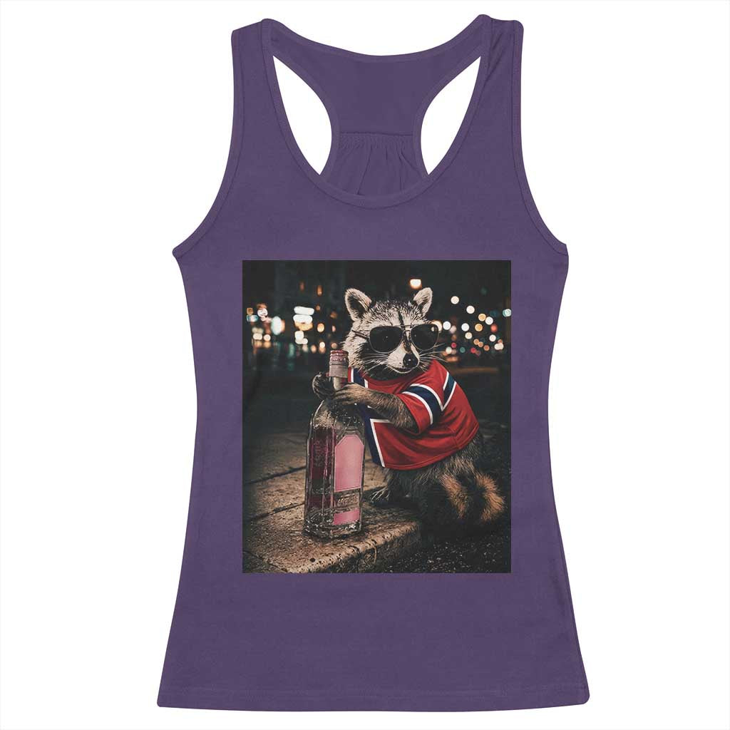 Funny Raccoon Whiskey Sunglasses Norwegian Flag Racerback Tank Top Viral Trash Panda Football Texas Souvenir Meme