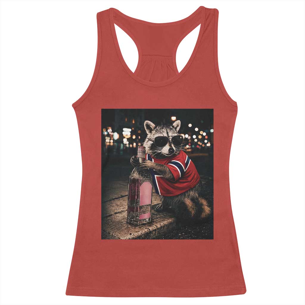 Funny Raccoon Whiskey Sunglasses Norwegian Flag Racerback Tank Top Viral Trash Panda Football Texas Souvenir Meme