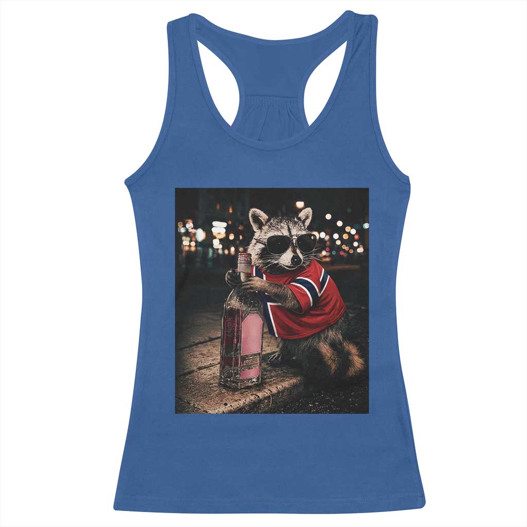 Funny Raccoon Whiskey Sunglasses Norwegian Flag Racerback Tank Top Viral Trash Panda Football Texas Souvenir Meme