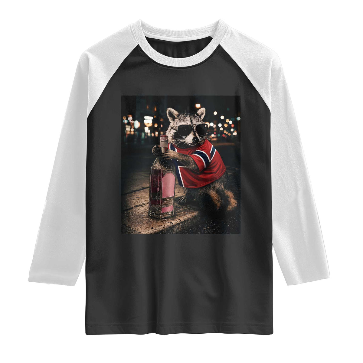 Funny Raccoon Whiskey Sunglasses Norwegian Flag Raglan Shirt Viral Trash Panda Football Texas Souvenir Meme