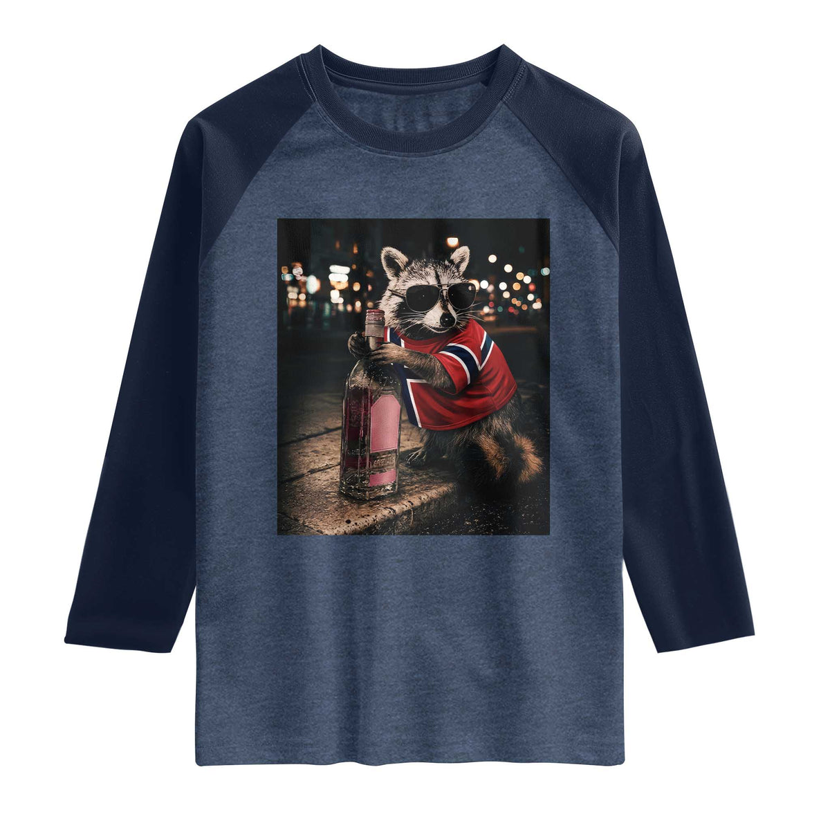 Funny Raccoon Whiskey Sunglasses Norwegian Flag Raglan Shirt Viral Trash Panda Football Texas Souvenir Meme
