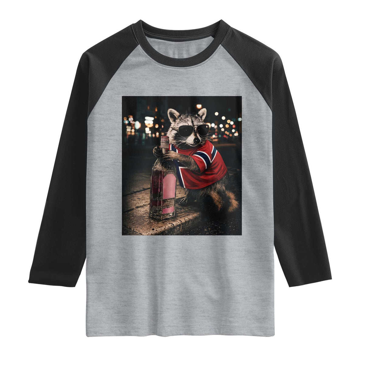 Funny Raccoon Whiskey Sunglasses Norwegian Flag Raglan Shirt Viral Trash Panda Football Texas Souvenir Meme