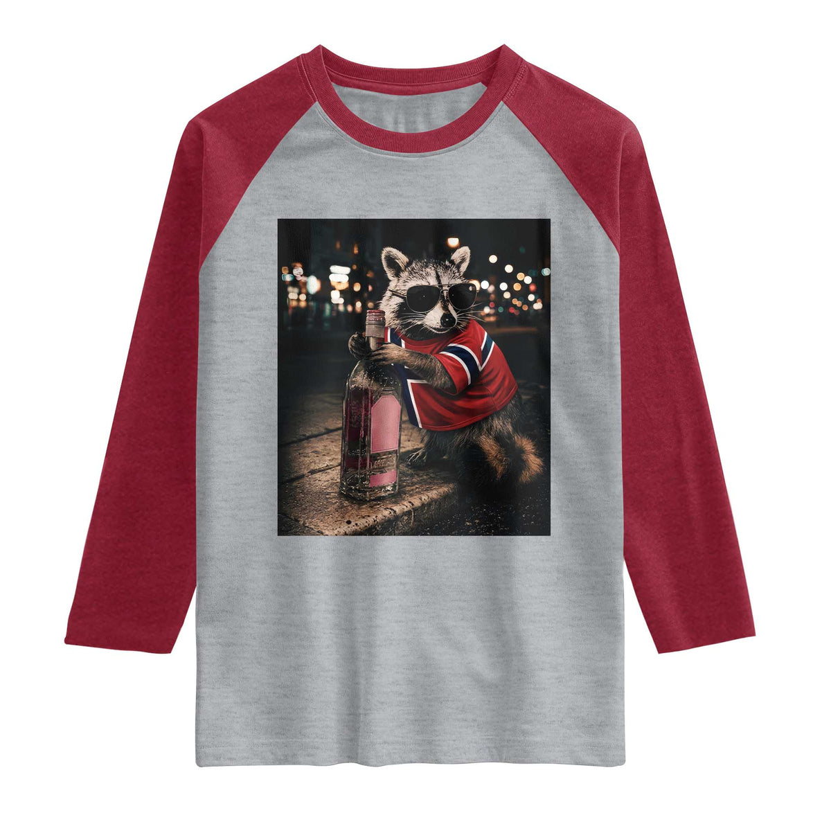 Funny Raccoon Whiskey Sunglasses Norwegian Flag Raglan Shirt Viral Trash Panda Football Texas Souvenir Meme