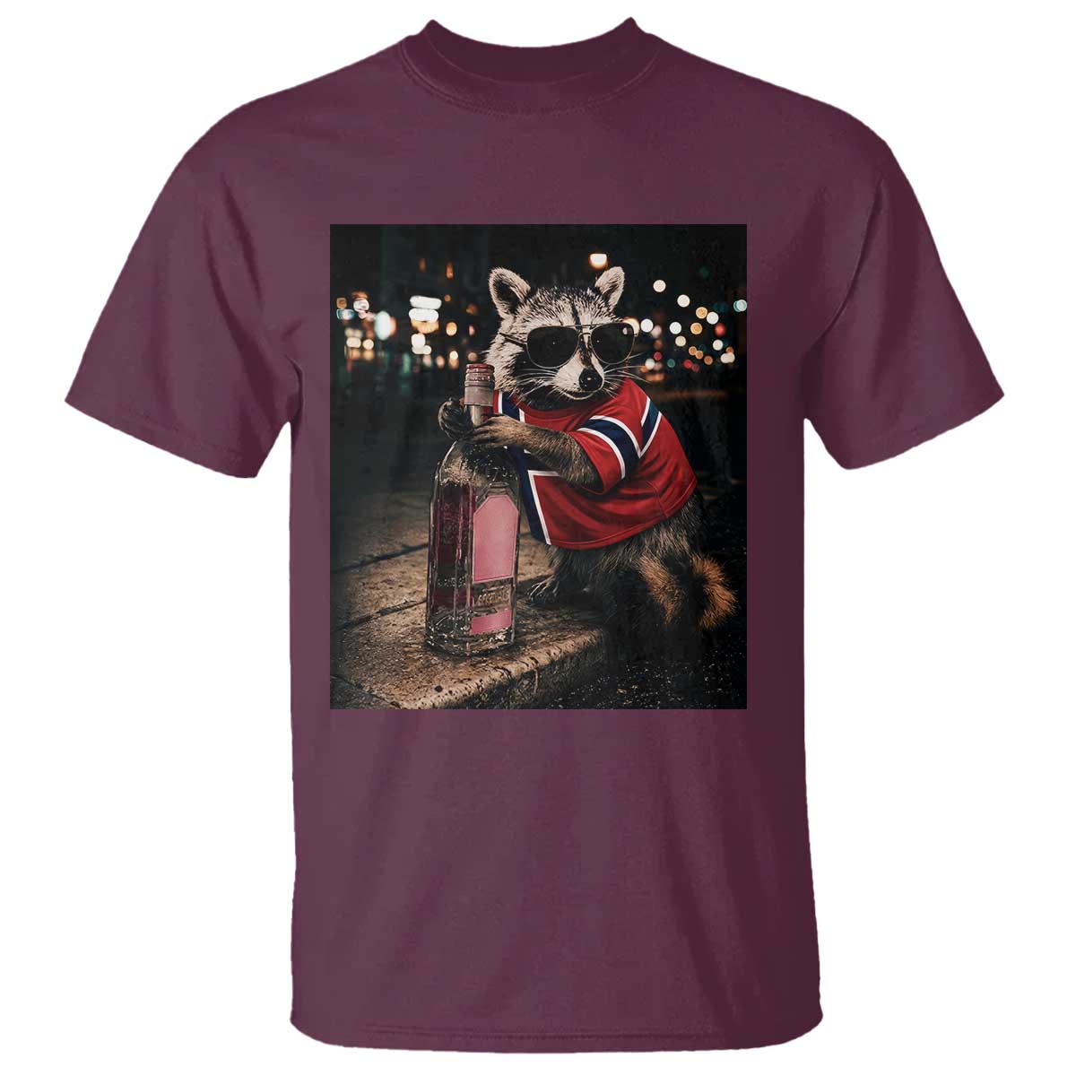 Funny Raccoon Whiskey Sunglasses Norwegian Flag T Shirt Viral Trash Panda Football Texas Souvenir Meme