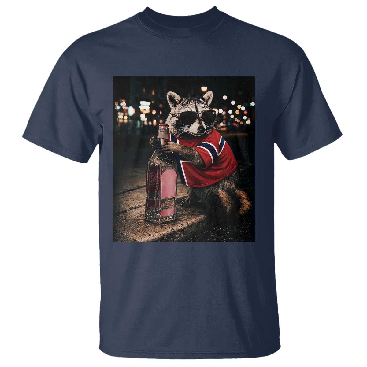 Funny Raccoon Whiskey Sunglasses Norwegian Flag T Shirt Viral Trash Panda Football Texas Souvenir Meme