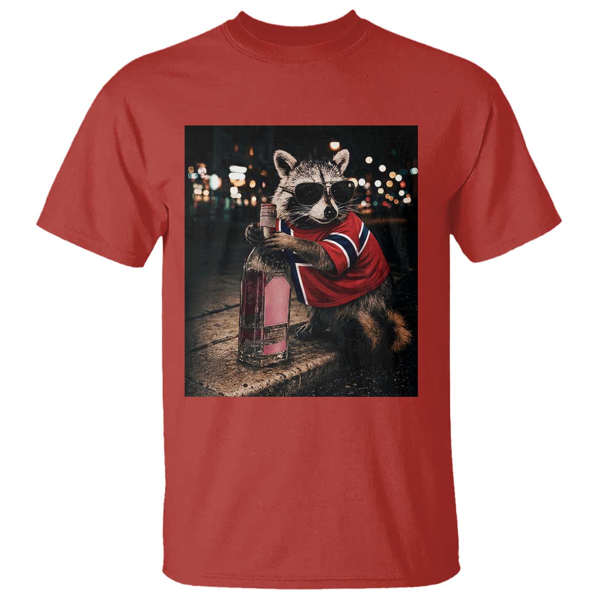 Funny Raccoon Whiskey Sunglasses Norwegian Flag T Shirt Viral Trash Panda Football Texas Souvenir Meme