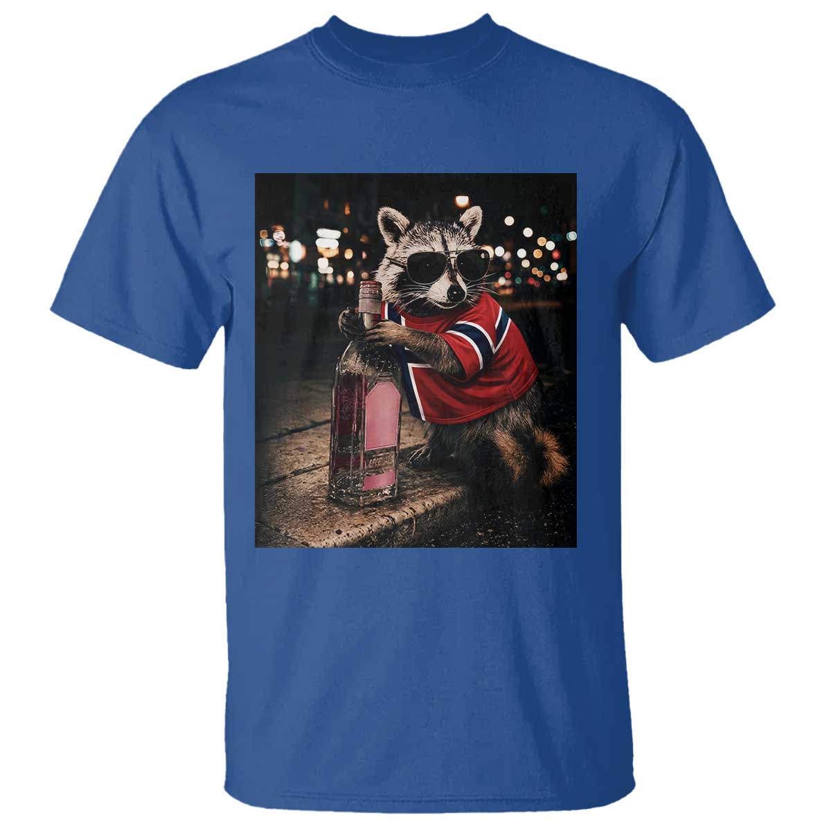 Funny Raccoon Whiskey Sunglasses Norwegian Flag T Shirt Viral Trash Panda Football Texas Souvenir Meme