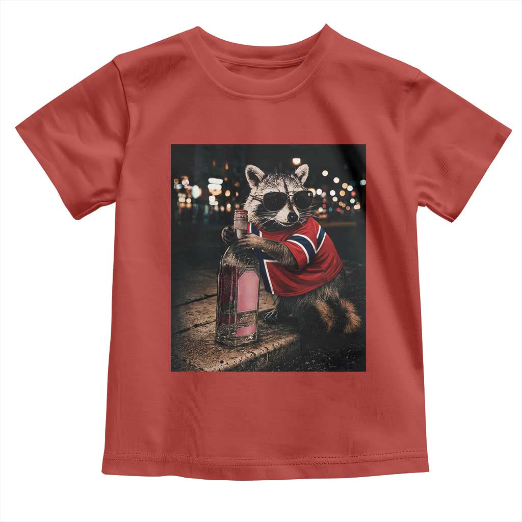 Funny Raccoon Whiskey Sunglasses Norwegian Flag Toddler T Shirt Viral Trash Panda Football Texas Souvenir Meme