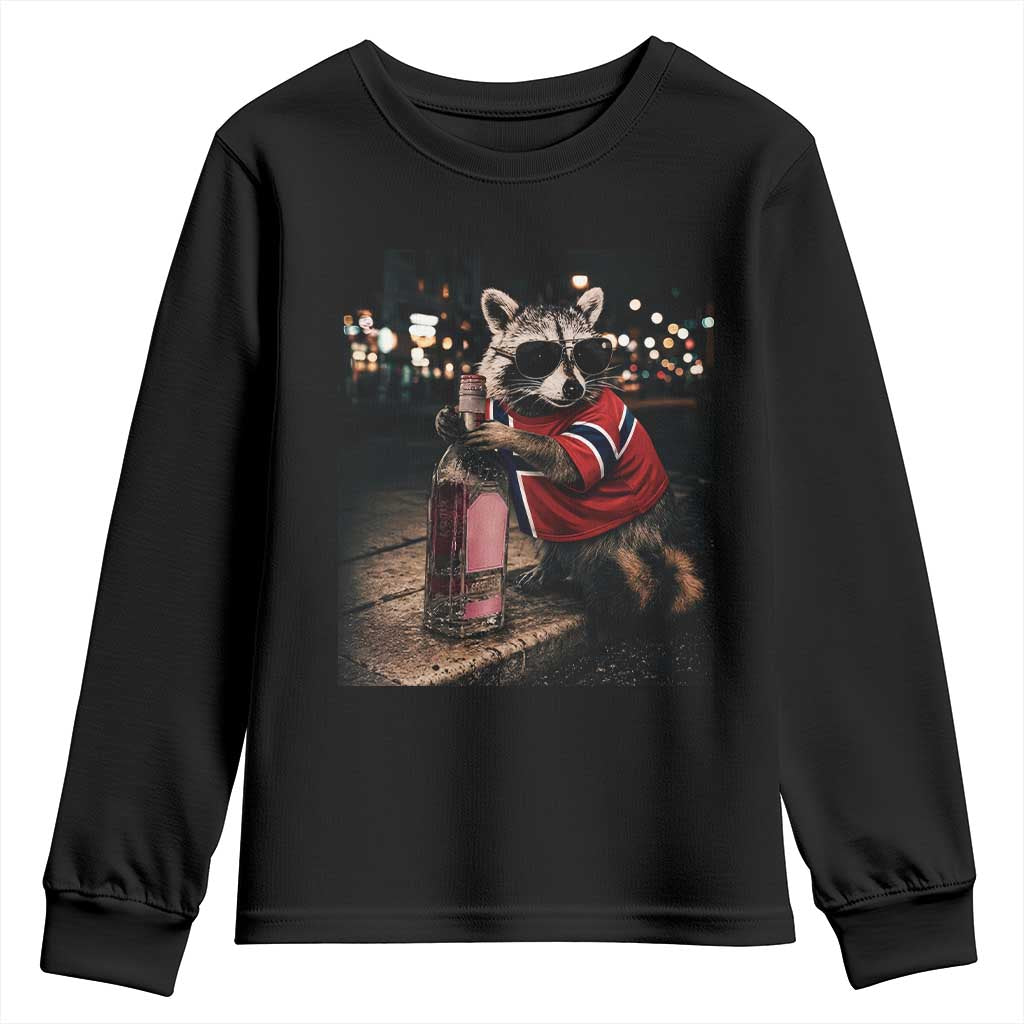 Funny Raccoon Whiskey Sunglasses Norwegian Flag Youth Sweatshirt Viral Trash Panda Football Texas Souvenir Meme