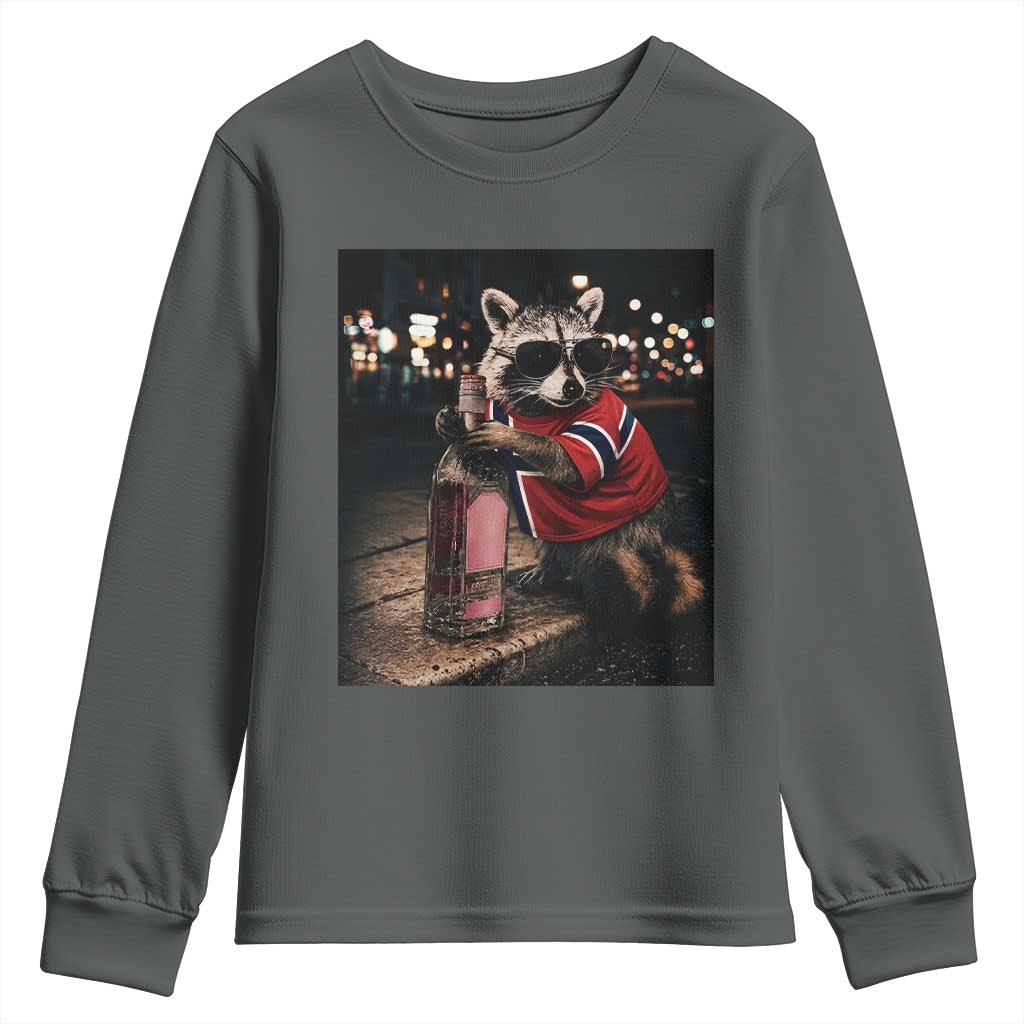 Funny Raccoon Whiskey Sunglasses Norwegian Flag Youth Sweatshirt Viral Trash Panda Football Texas Souvenir Meme