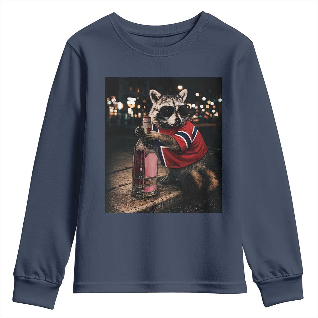 Funny Raccoon Whiskey Sunglasses Norwegian Flag Youth Sweatshirt Viral Trash Panda Football Texas Souvenir Meme