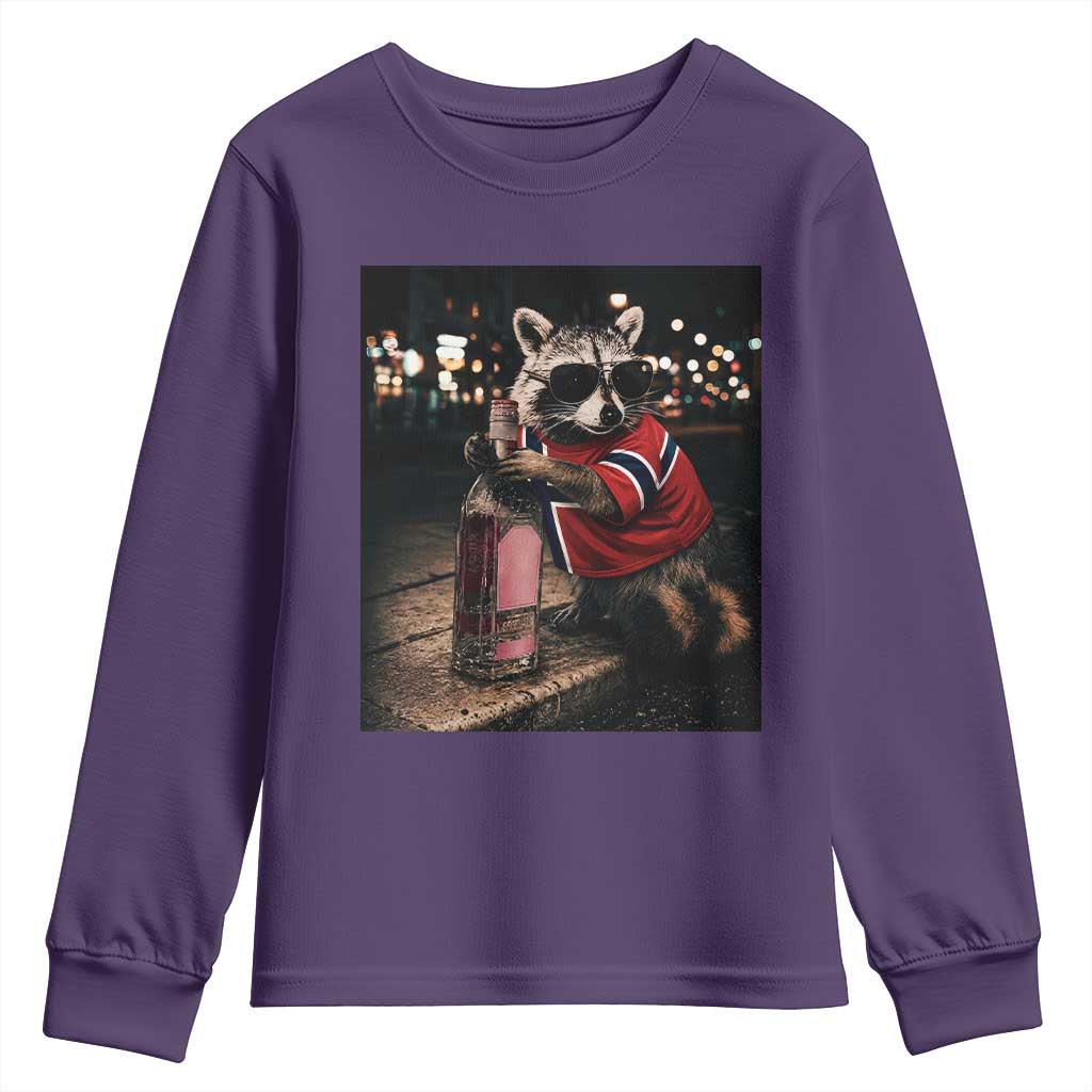 Funny Raccoon Whiskey Sunglasses Norwegian Flag Youth Sweatshirt Viral Trash Panda Football Texas Souvenir Meme