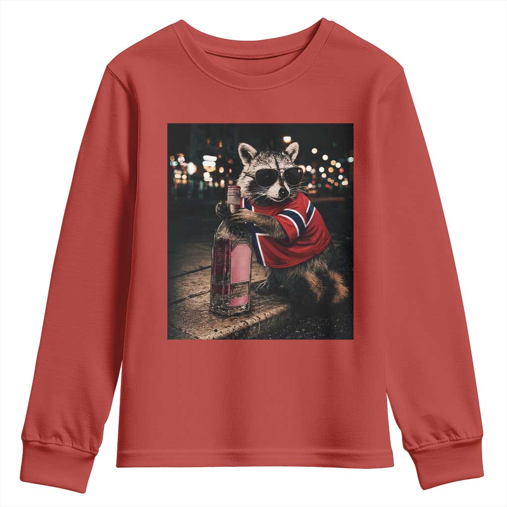 Funny Raccoon Whiskey Sunglasses Norwegian Flag Youth Sweatshirt Viral Trash Panda Football Texas Souvenir Meme