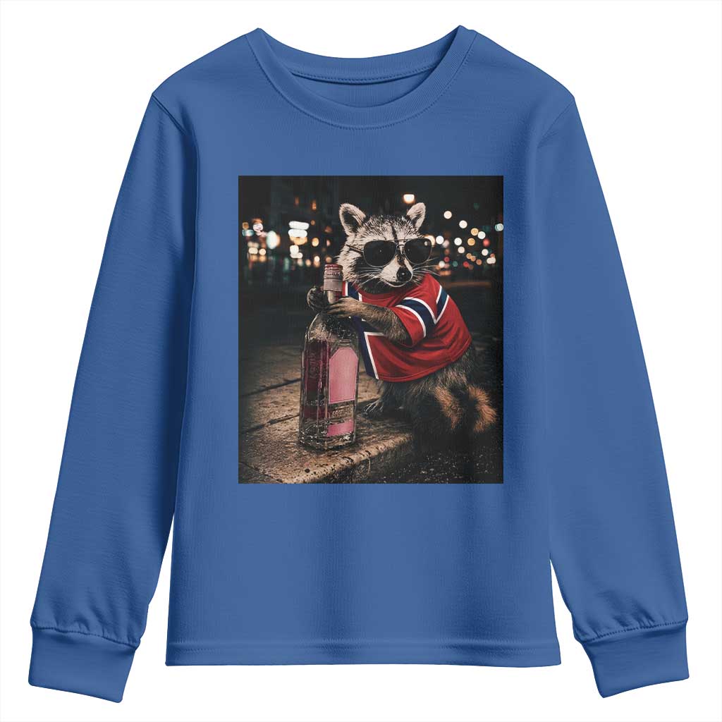 Funny Raccoon Whiskey Sunglasses Norwegian Flag Youth Sweatshirt Viral Trash Panda Football Texas Souvenir Meme