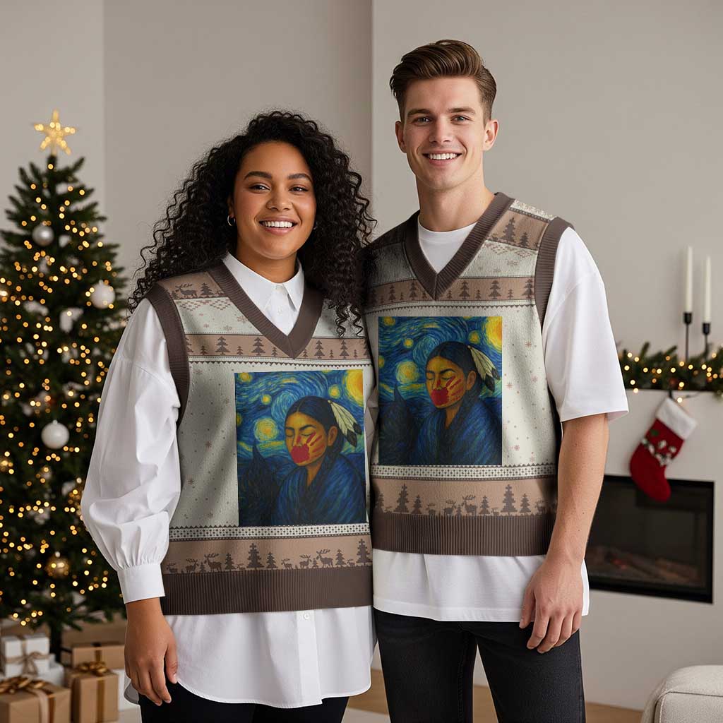 Native American MMIW V-Neck Knit Sweater Vest Starry Night Indigenous People Day - Wonder Print Shop