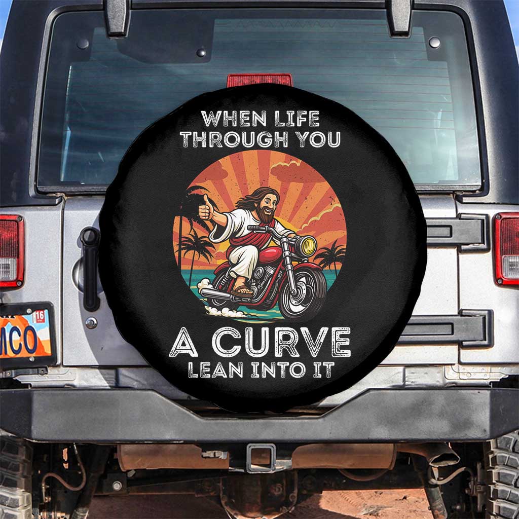 Funny Jesus Christian Motorcycle Spare Tire Cover When Life Throws You A Curve Lean Into It - Wonder Print Shop