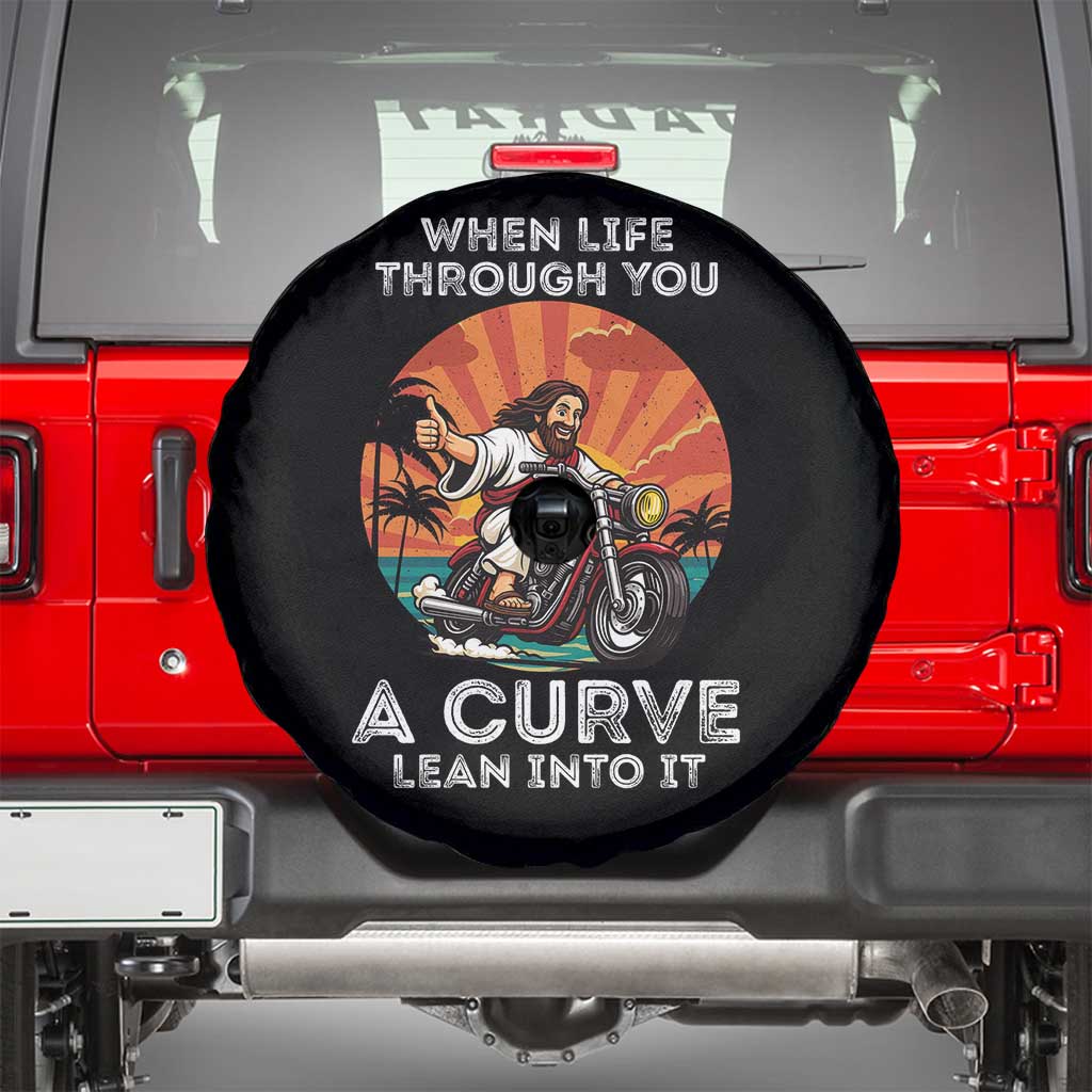 Funny Jesus Christian Motorcycle Spare Tire Cover When Life Throws You A Curve Lean Into It - Wonder Print Shop