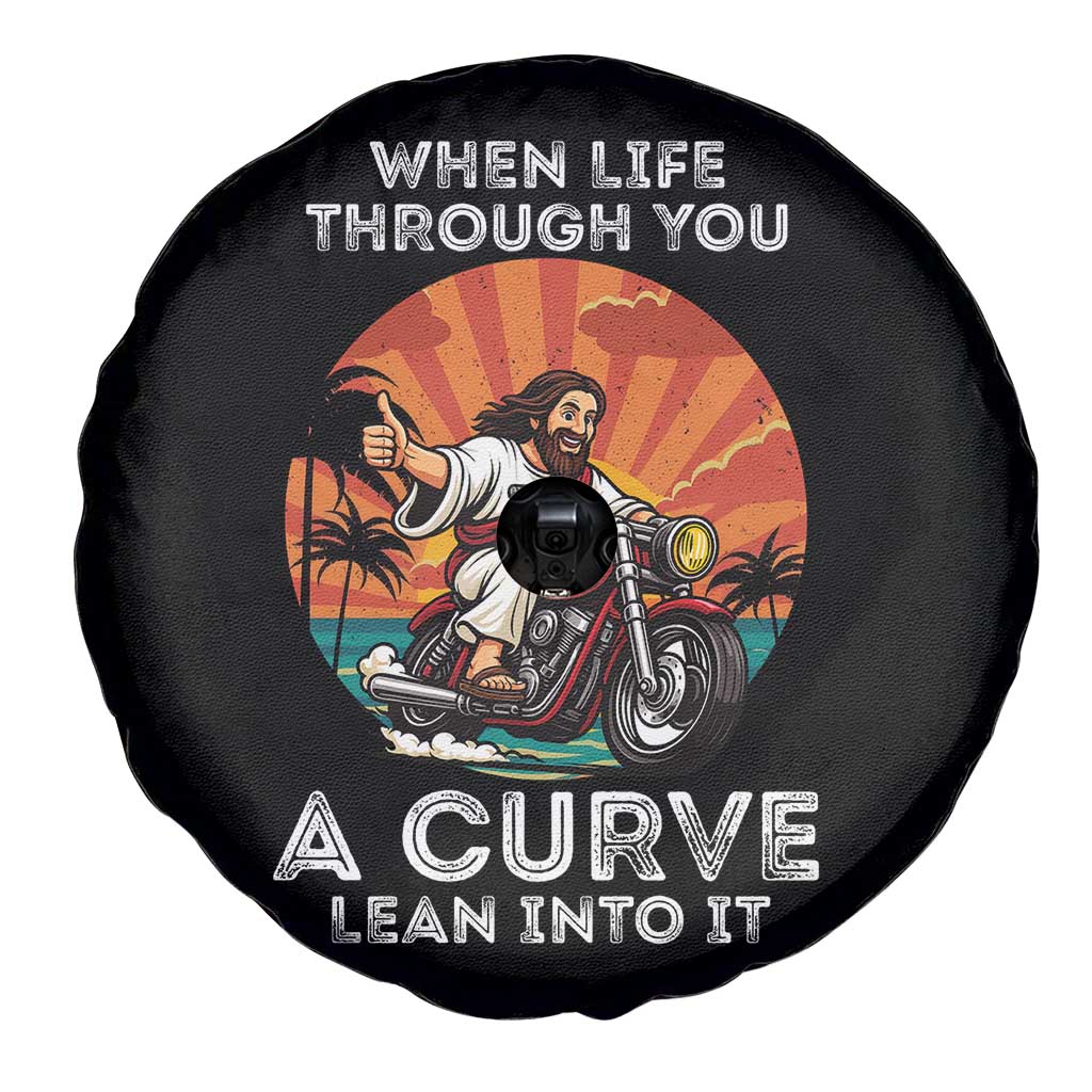 Funny Jesus Christian Motorcycle Spare Tire Cover When Life Throws You A Curve Lean Into It - Wonder Print Shop