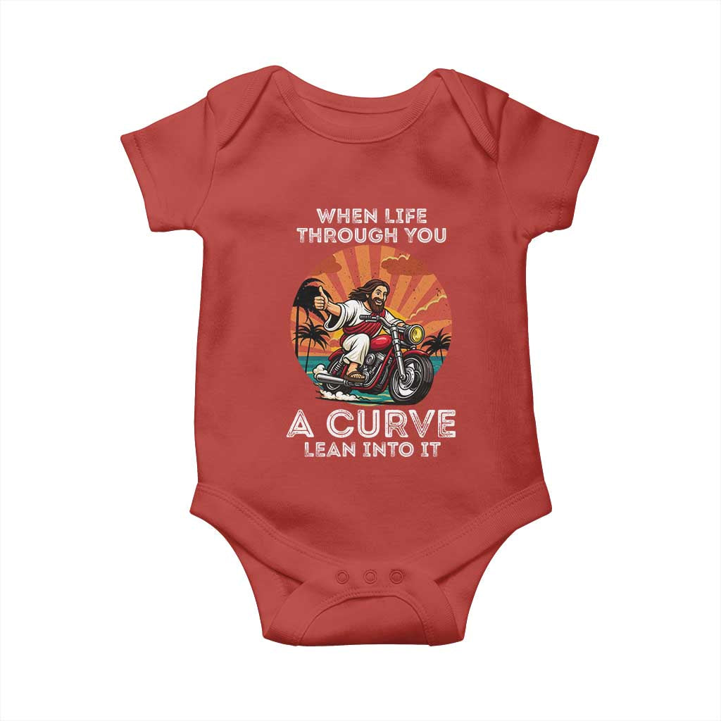 Funny Jesus Christian Motorcycle Baby Onesie When Life Throws You A Curve Lean Into It - Wonder Print Shop