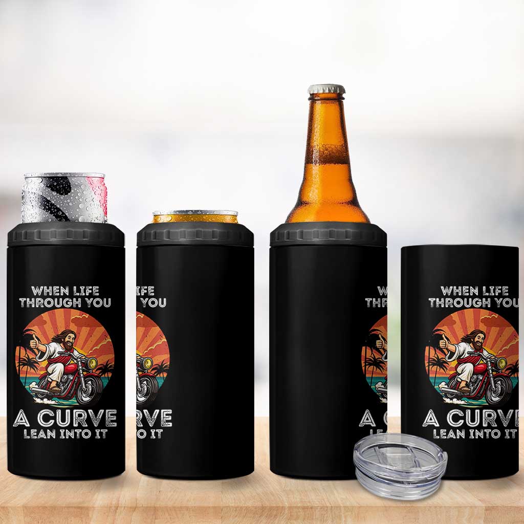 Funny Jesus Christian Motorcycle 4 in 1 Can Cooler Tumbler When Life Throws You A Curve Lean Into It