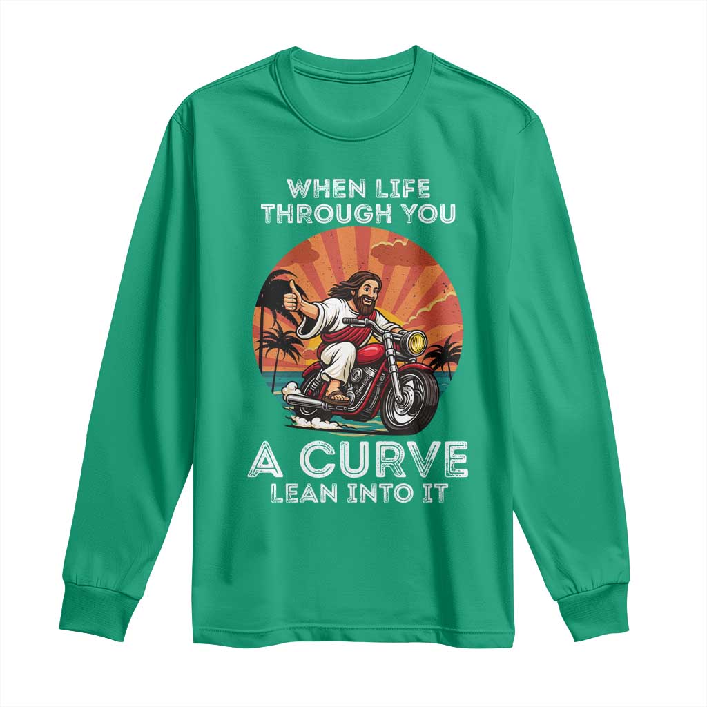 Funny Jesus Christian Motorcycle Long Sleeve Shirt When Life Throws You A Curve Lean Into It - Wonder Print Shop
