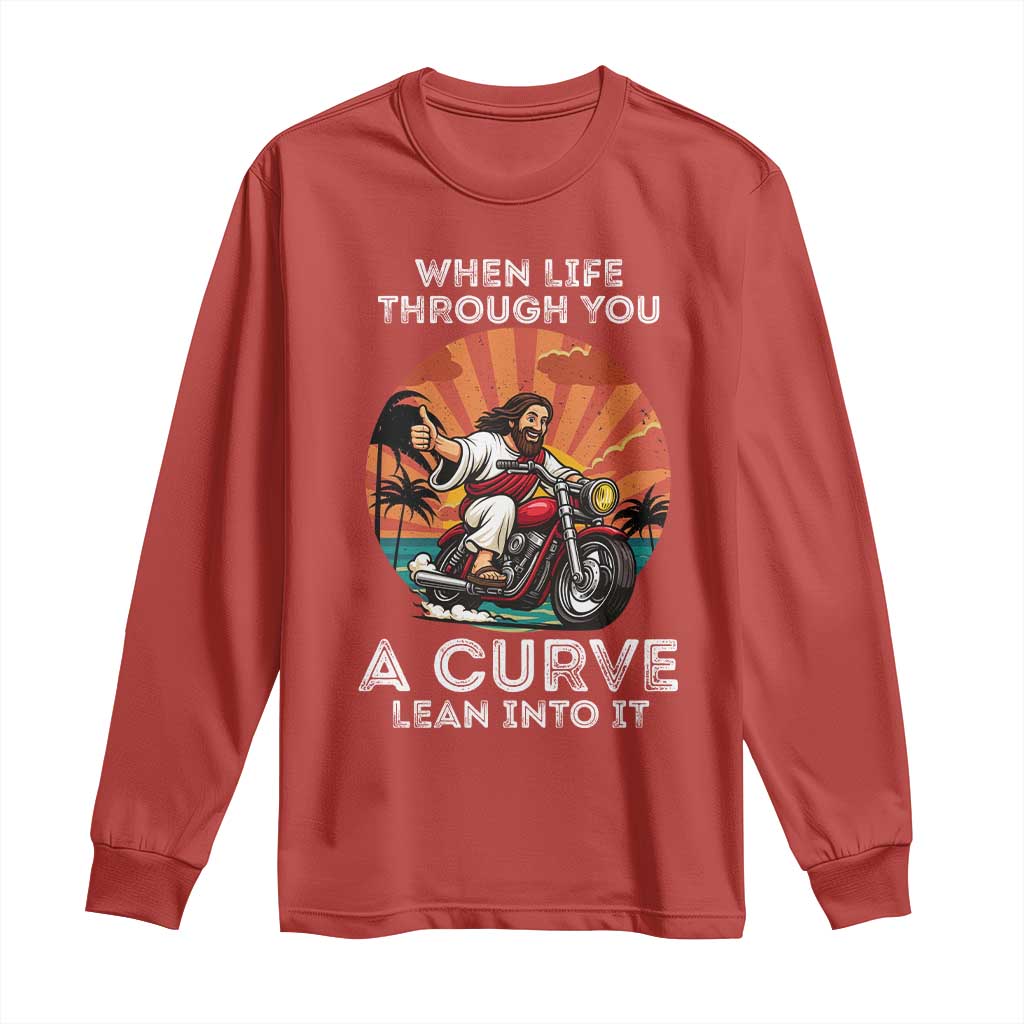 Funny Jesus Christian Motorcycle Long Sleeve Shirt When Life Throws You A Curve Lean Into It - Wonder Print Shop