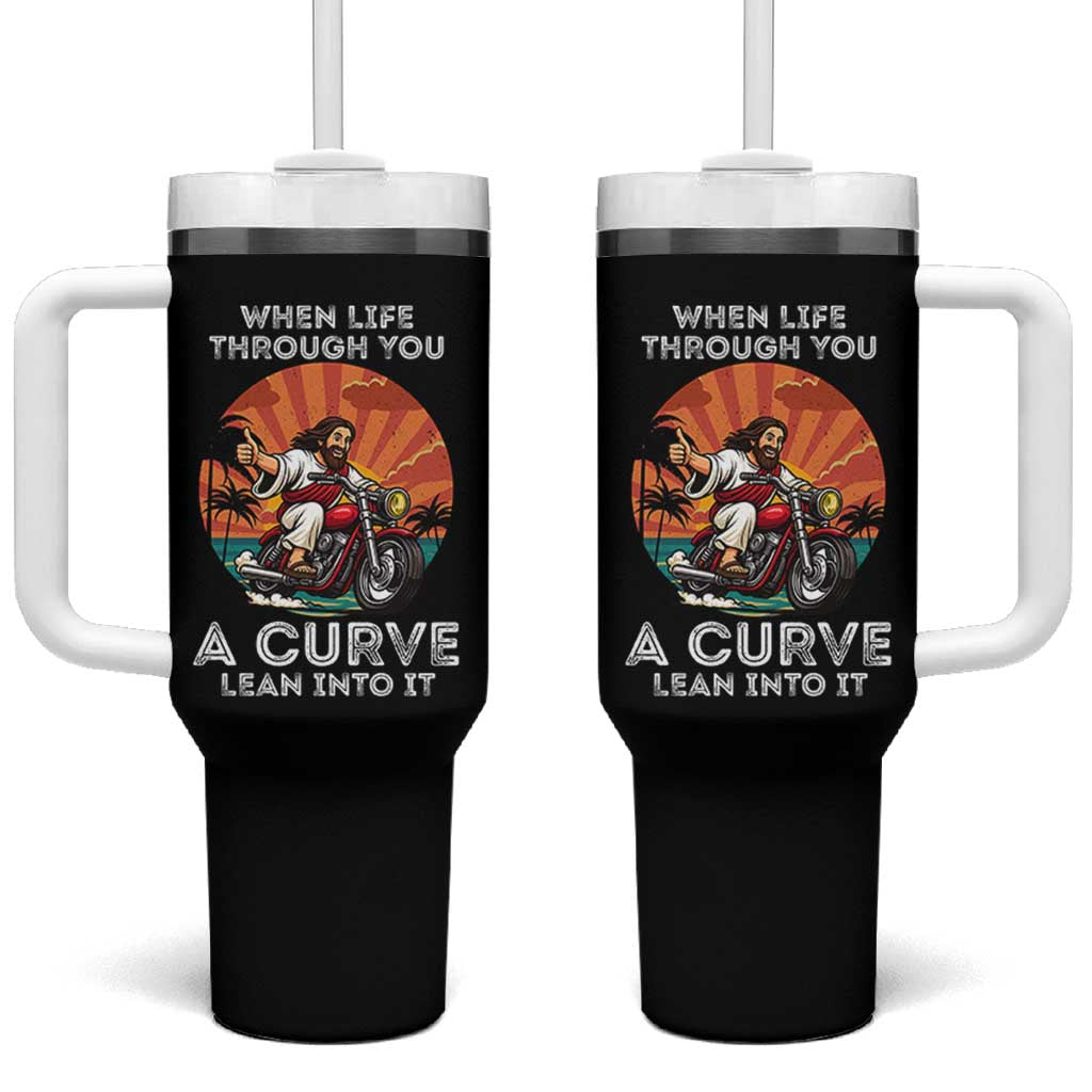Funny Jesus Christian Motorcycle Tumbler With Handle When Life Throws You A Curve Lean Into It