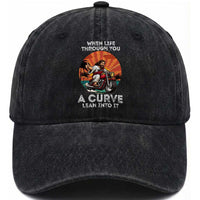Funny Jesus Christian Motorcycle Washed Cotton Baseball Cap When Life Throws You A Curve Lean Into It