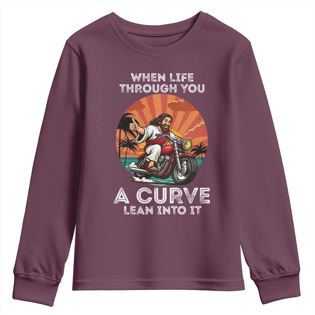 Funny Jesus Christian Motorcycle Youth Sweatshirt When Life Throws You A Curve Lean Into It - Wonder Print Shop