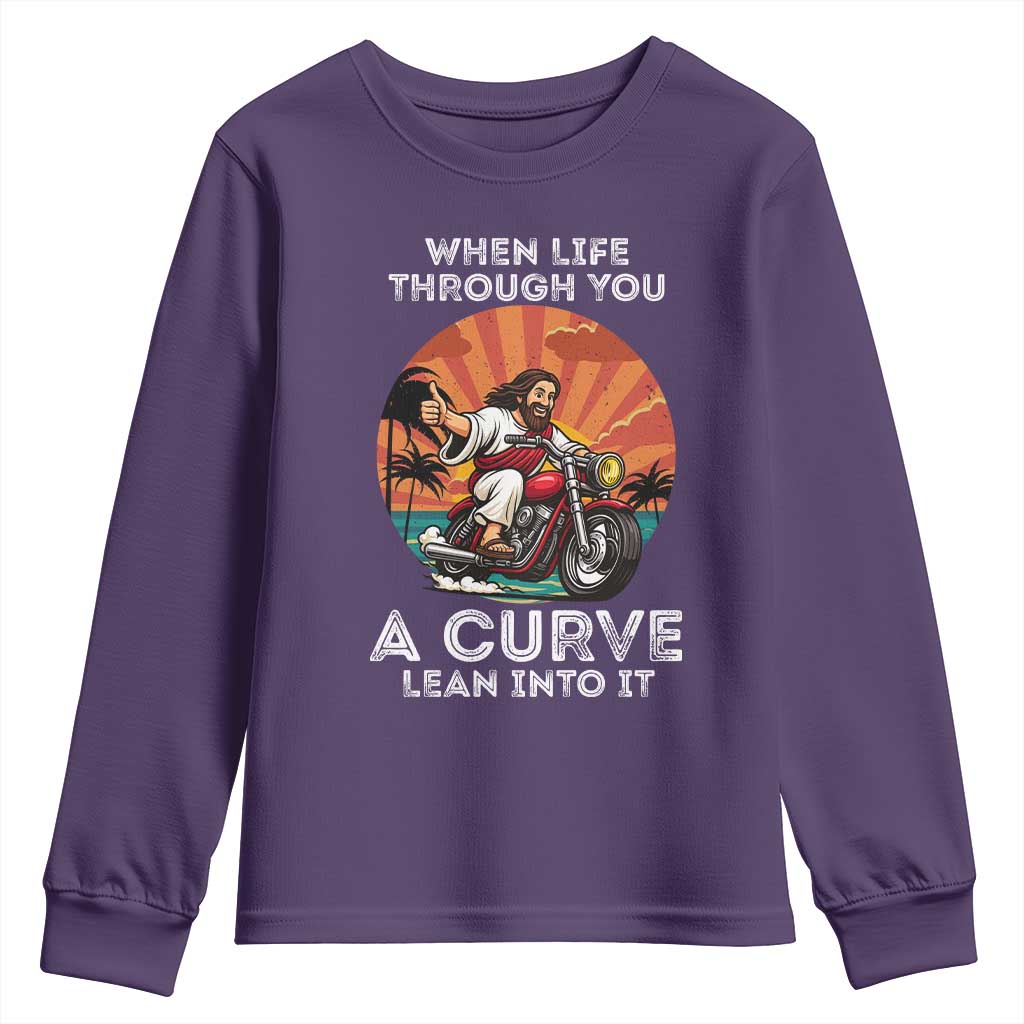 Funny Jesus Christian Motorcycle Youth Sweatshirt When Life Throws You A Curve Lean Into It - Wonder Print Shop