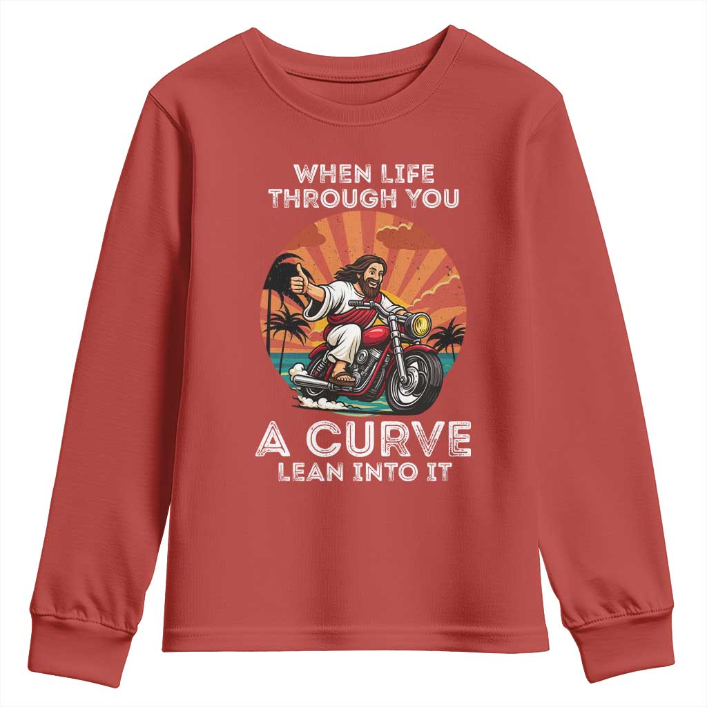 Funny Jesus Christian Motorcycle Youth Sweatshirt When Life Throws You A Curve Lean Into It - Wonder Print Shop