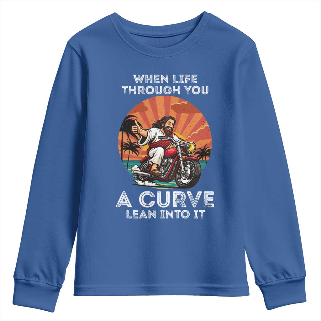 Funny Jesus Christian Motorcycle Youth Sweatshirt When Life Throws You A Curve Lean Into It - Wonder Print Shop