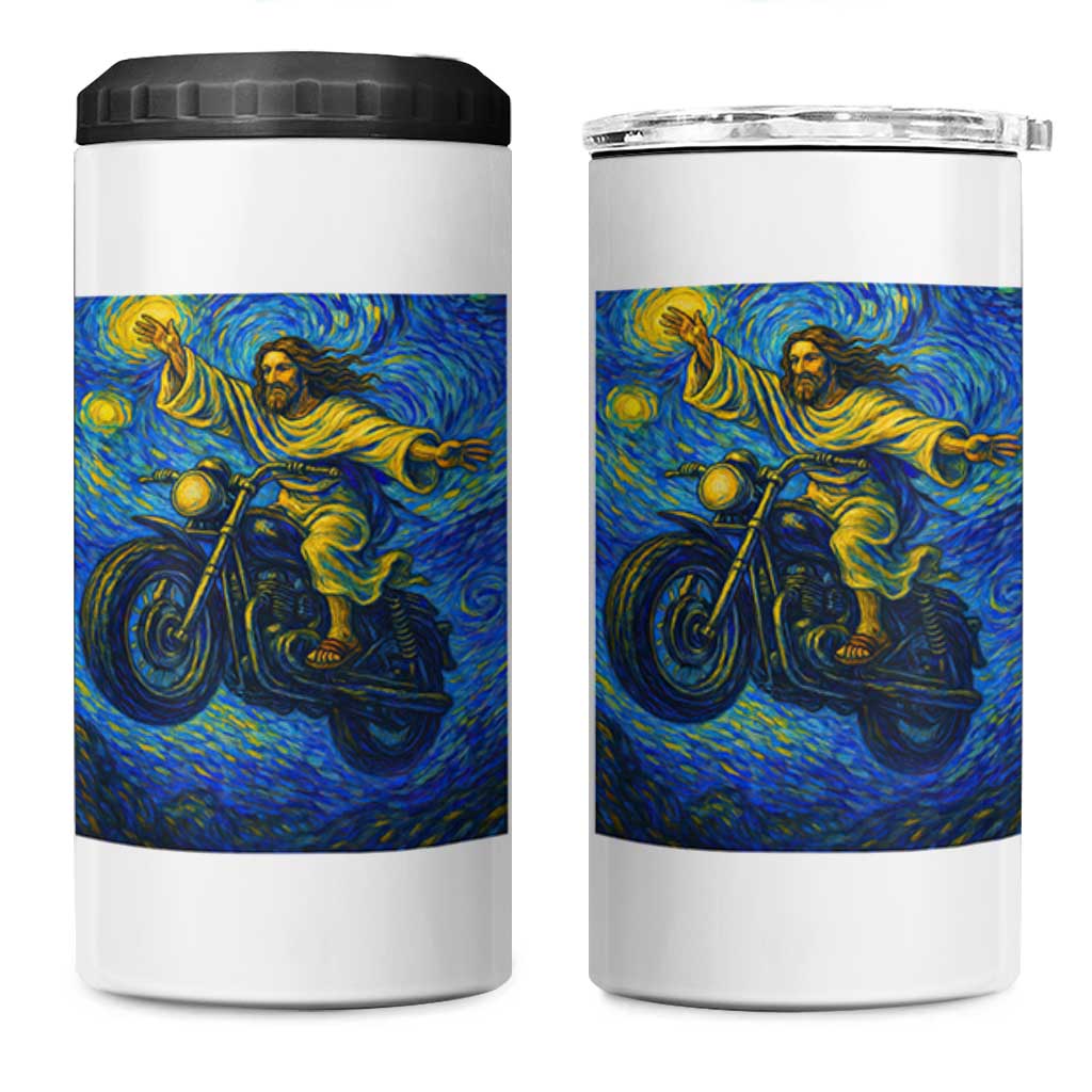 Funny Jesus Christian Motorcycle 4 in 1 Can Cooler Tumbler Starry Night Van Gogh Biker