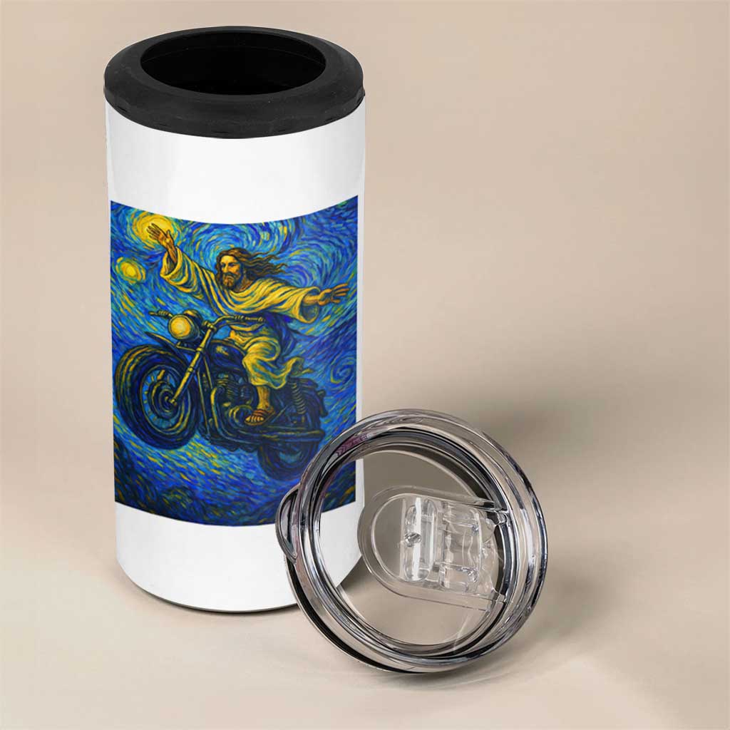 Funny Jesus Christian Motorcycle 4 in 1 Can Cooler Tumbler Starry Night Van Gogh Biker