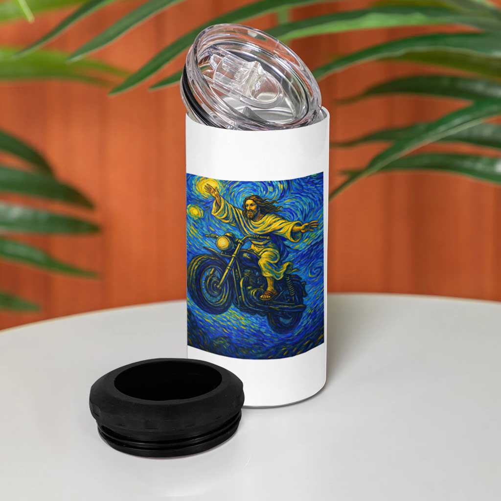 Funny Jesus Christian Motorcycle 4 in 1 Can Cooler Tumbler Starry Night Van Gogh Biker