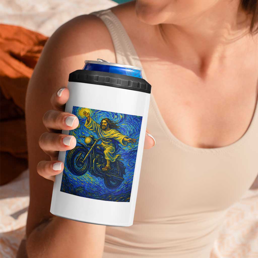 Funny Jesus Christian Motorcycle 4 in 1 Can Cooler Tumbler Starry Night Van Gogh Biker