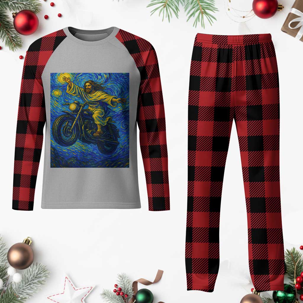 Funny Jesus Christian Motorcycle Plaid Pajama Set Starry Night Van Gogh Biker - Wonder Print Shop