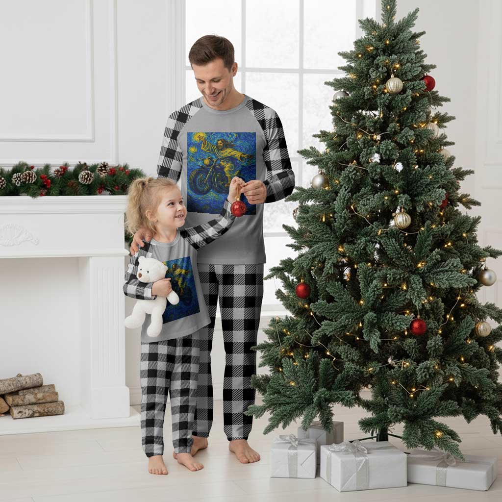 Funny Jesus Christian Motorcycle Plaid Pajama Set Starry Night Van Gogh Biker - Wonder Print Shop