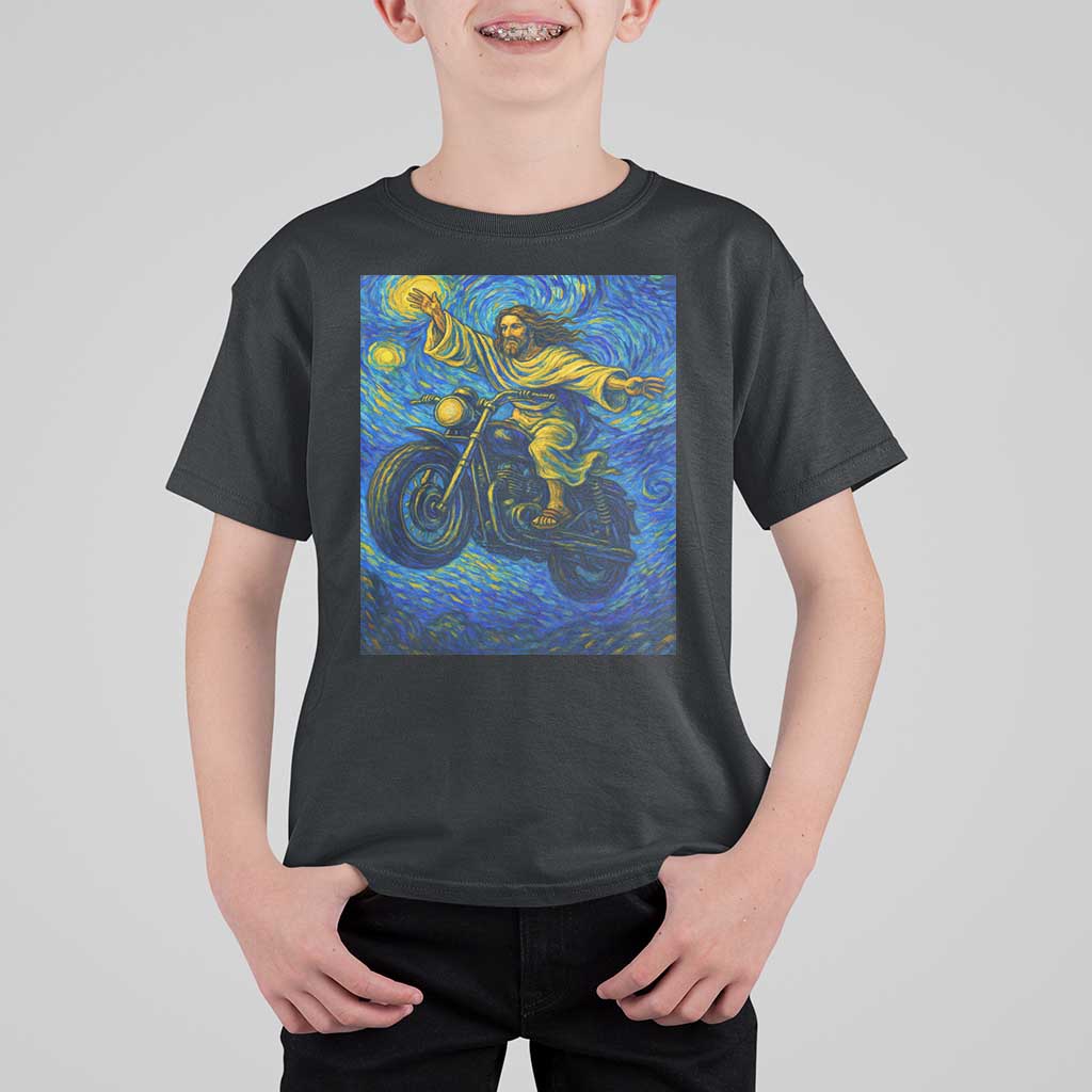 Funny Jesus Christian Motorcycle T Shirt For Kid Starry Night Van Gogh Biker - Wonder Print Shop