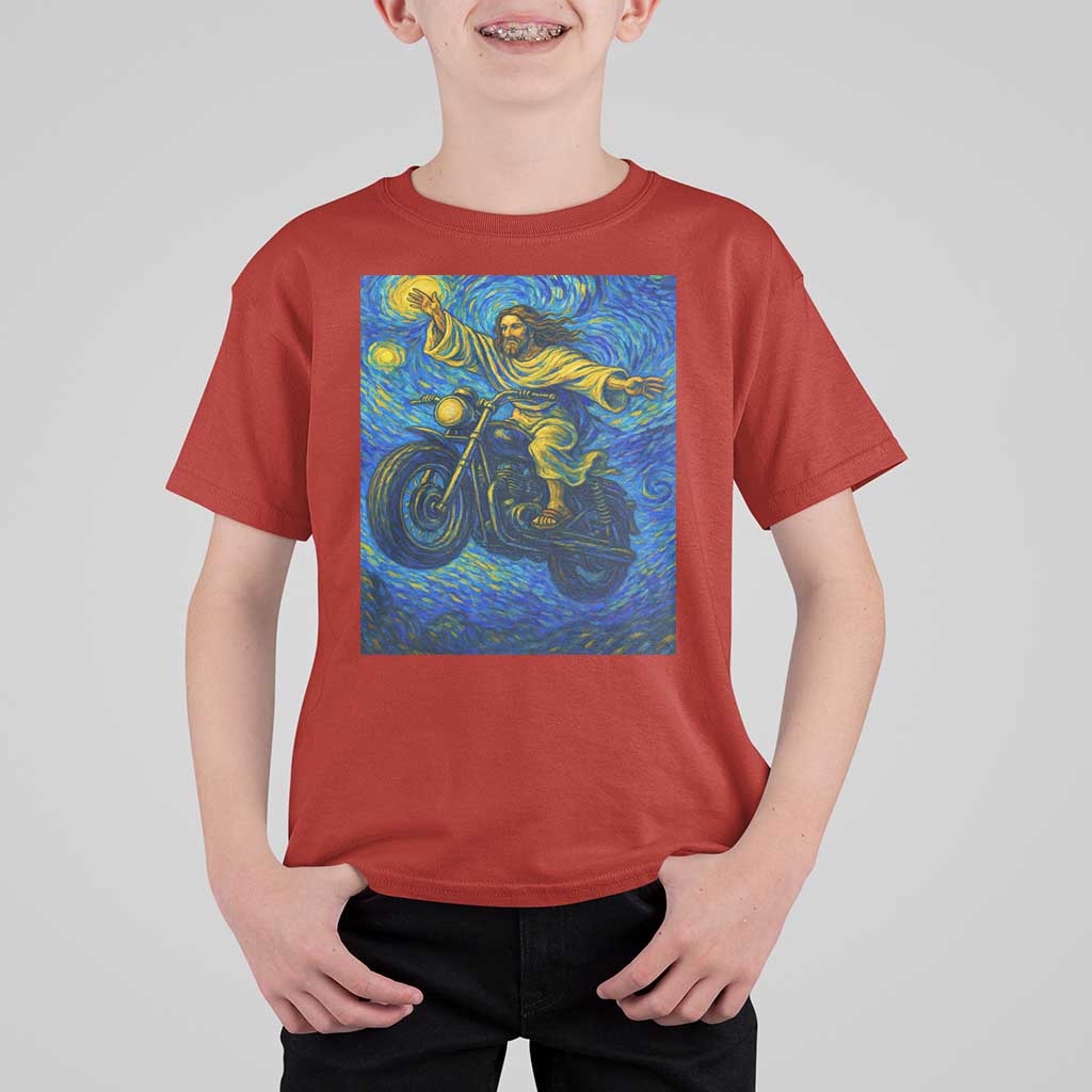 Funny Jesus Christian Motorcycle T Shirt For Kid Starry Night Van Gogh Biker - Wonder Print Shop
