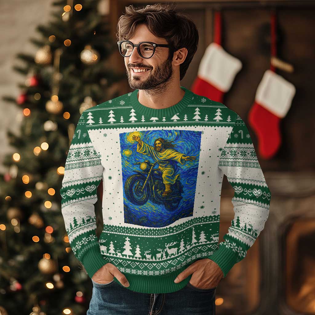 Funny Jesus Christian Motorcycle Ugly Christmas Sweater Starry Night Van Gogh Biker - Wonder Print Shop