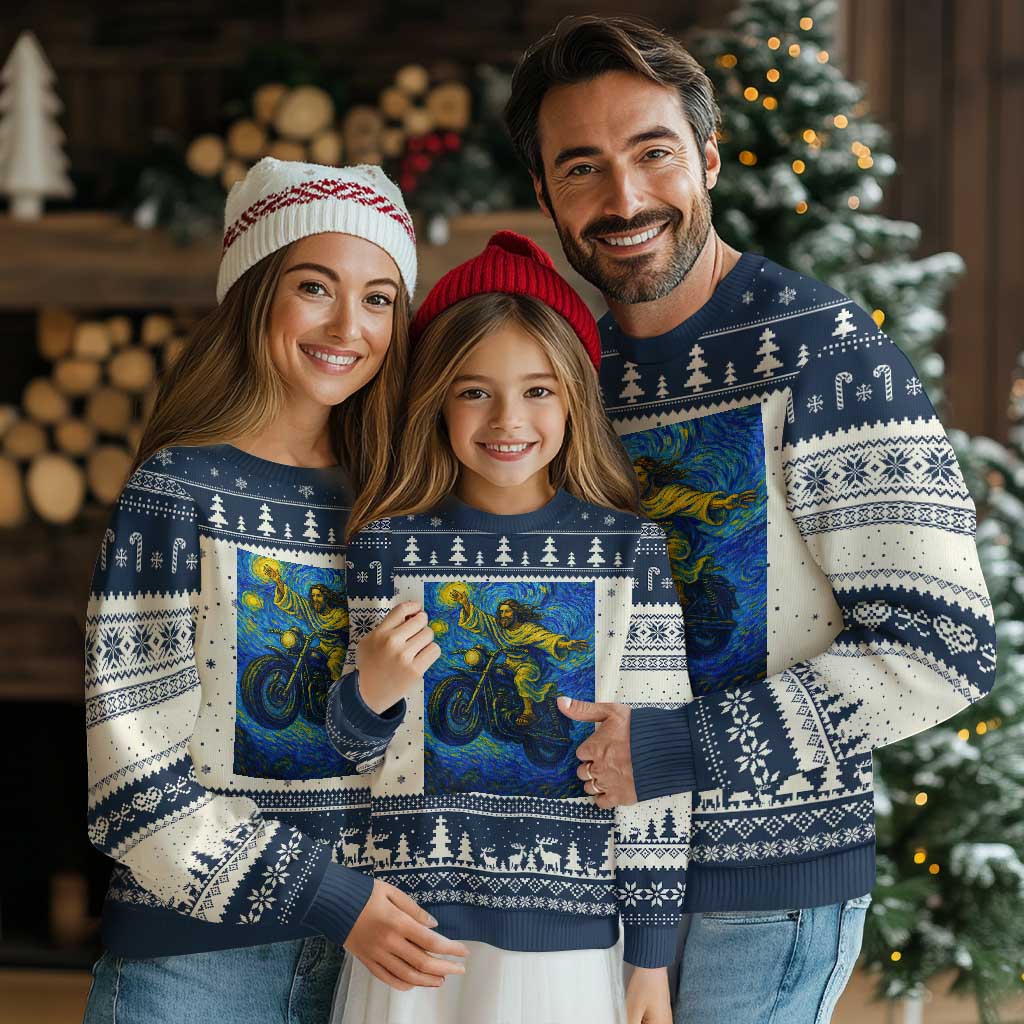 Funny Jesus Christian Motorcycle Ugly Christmas Sweater Starry Night Van Gogh Biker - Wonder Print Shop
